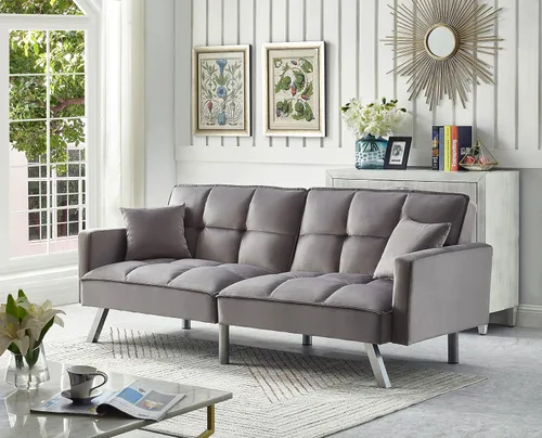 Vista 3 de Legend Vansen Futón convertible de terciopelo de 80 pulgadas, dos almohadas, sofá cama con 3 respaldos ajustables, sofá cama, área grande para Gris