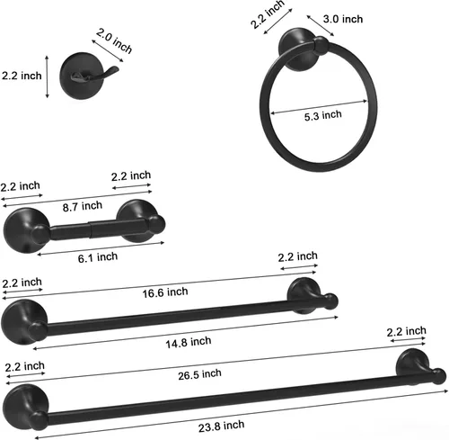 Vista 2 de Newfun Juego de accesorios de baño de 8 piezas de 24 pulgadas, color negro mate, incluye toallero de baño ajustable de 24 pulgadas, anillos