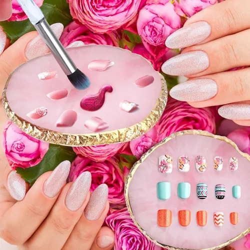 Vista 3 de Ouligay Paleta de arte de uñas de resina Paleta de mezcla de maquillaje con borde dorado, herramienta de arte de uñas, diseño de gel, bandeja de Rosa