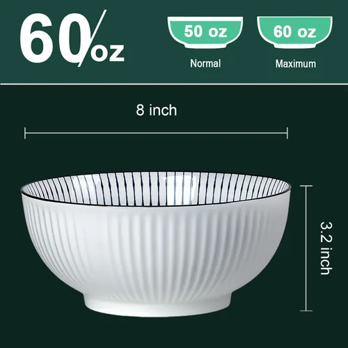 Vista 2 de QINLANG Juego de 3 cuencos grandes de sopa Pho & Ramen, 60 onzas, cuencos grandes de porcelana azul y blanca, patrón a rayas