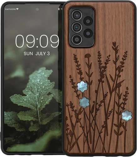 Vista 8 de kwmobile Funda de madera compatible con Samsung Galaxy A52 / A52 5G / A52s 5G - Funda - Funda - Flores silvestres perla marrón oscuro