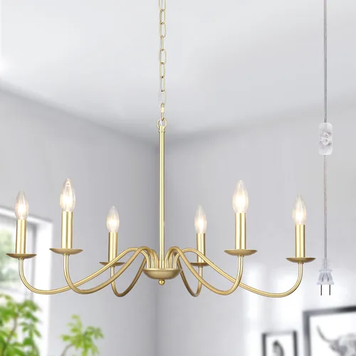 Vista 10 de Candelabro de 6 luces enchufables, lámpara colgante con cable de enchufe de 15.1 pies e interruptor, candelabros dorados enchufables para comedor