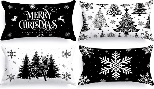 Vista 7 de Lanpn Juego de 4 fundas de almohada de Navidad negras de 12 x 12 pulgadas, fundas de almohada decorativas de invierno, cojín de árbol de Navidad