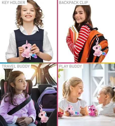 Vista 3 de DolliBu Llavero de peluche de unicornio rosa con clip – Dije de mochila de animal de peluche de unicornio pequeño, lindo juguete de llavero