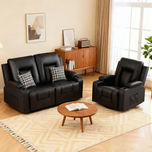 Vista 10 de COMHOMA Muebles sofá de cuero consolidado con masaje, portavasos, juego de sala de estar, silla reclinable, 3+1+1, negro