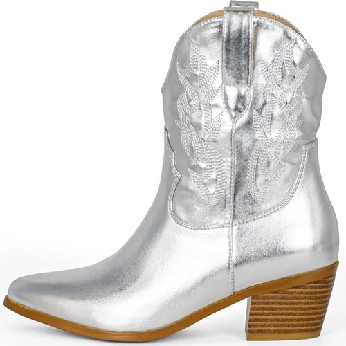 Vista 2 de STALOV Botas vaqueras cosidas para mujer, punta puntiaguda, tacón bajo y grueso, botas vaqueras occidentales bordadas