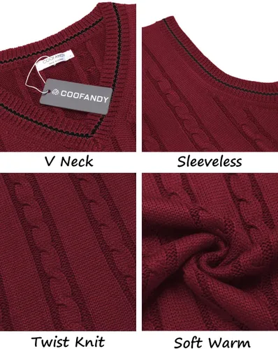 Vista 5 de COOFANDY Suéter para hombre, cuello en V, ajustado, casual, sin mangas, tejido trenzado