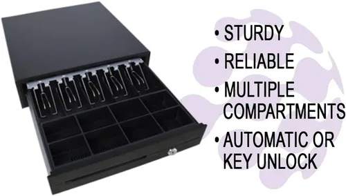 Vista 3 de NRS POS Cajón de caja registradora, cajón de metal resistente para pequeñas empresas con bandeja extraíble, automático o bloqueo de llave (negro)