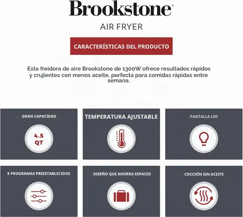 Vista 7 de Freidora de aire Brookstone – 4.5 QT, freidora de gran capacidad de 1300W con pantalla LED, 8 ajustes preestablecidos, temperatura ajustable