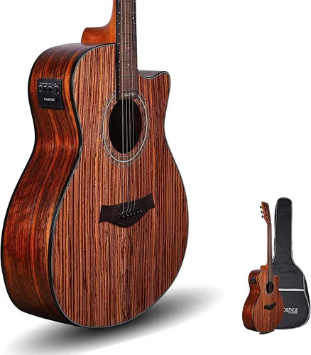 Vista 3 de Kadence Acoustica Series - Guitarra electroacústica de madera (madera de cebra) – Guitarra electroacústica con pastilla, afinador integrado y bolsa