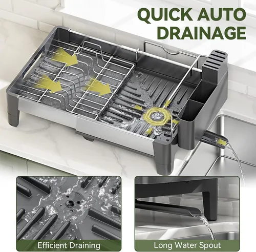 Vista 11 de Urackify Escurridor de platos expandible, escurridor de platos de acero inoxidable con marco de aluminio, escurridor de platos para encimera