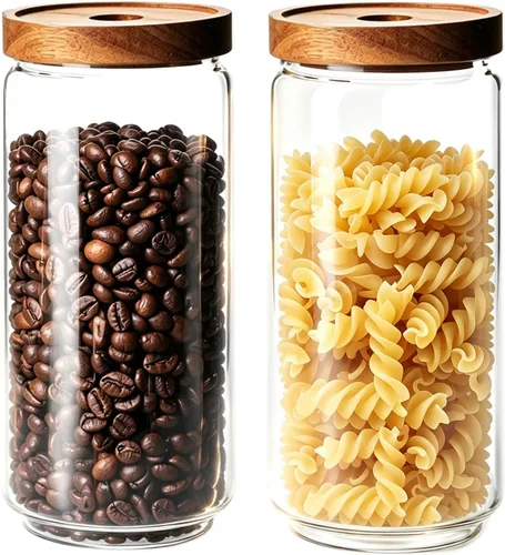 Vista 9 de Tarros de vidrio con tapas de madera herméticas – Mini recipientes de almacenamiento de despensa de cocina de 11 onzas, recipientes decorativos