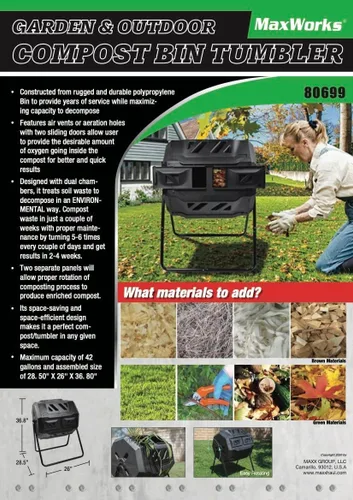 Vista 7 de MaxWorks Vaso de compostaje de doble cámara, compostador giratorio para exteriores con ventilación de aireación, tambor de polipropileno resistente
