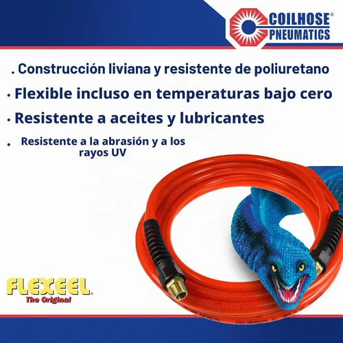 Vista 2 de Coilhose Pneumatics PFE60254TR Flexeel Manguera de aire de poliuretano reforzado, 3/8" diámetro interior, 25' de longitud con (2) accesorios de Rojo