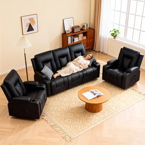Vista 3 de COMHOMA Muebles sofá de cuero consolidado con masaje, portavasos, juego de sala de estar, silla reclinable, 3+1+1, negro