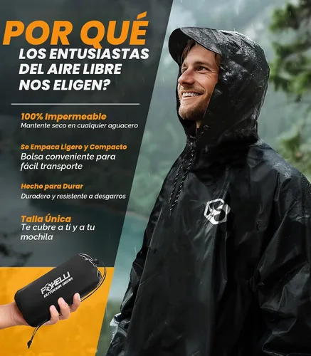 Vista 9 de Foxelli Poncho de lluvia para adultos – Chubasquero impermeable extra largo reutilizable con capucha, ligero para senderismo, campamento, al aire