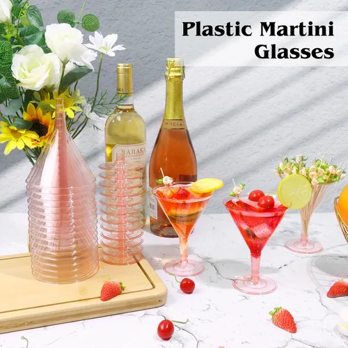 Vista 5 de KesaPlan Paquete de 50 vasos de Martini de plástico desechables de 6.5 onzas, vasos de cóctel de Martini rosa con palitos de cóctel, tazas de postre