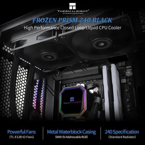 Vista 2 de Thermalright Frozen Prism 240 - Enfriador líquido de CPU negro, bomba controlada PWM eficiente de 3300 RPM, ventilador PWM serie TL-E12 × 2, piezas