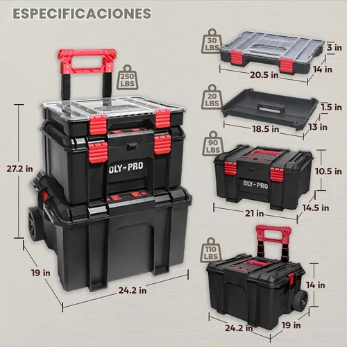 Vista 3 de Sistema modular de almacenamiento de cajas de herramientas – 250 libras de polietileno de alta densidad de plástico resistente, mango de metal