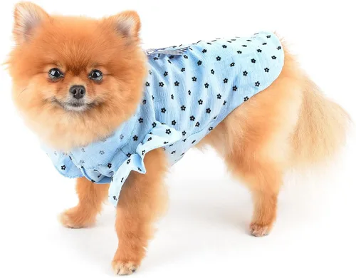 Vista 2 de SMALLLEE_LUCKY_STORE Camiseta de algodón con volantes y mangas con lazo para mascotas, camiseta de algodón para perros pequeños, medianos, gatos Azul