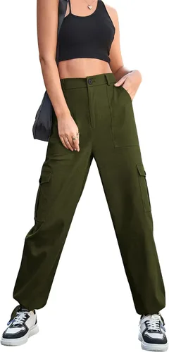 Vista 3 de Ailsi Pantalones tácticos de cintura alta para mujer, estilo casual, estilo cargo, holgados, con bolsillos