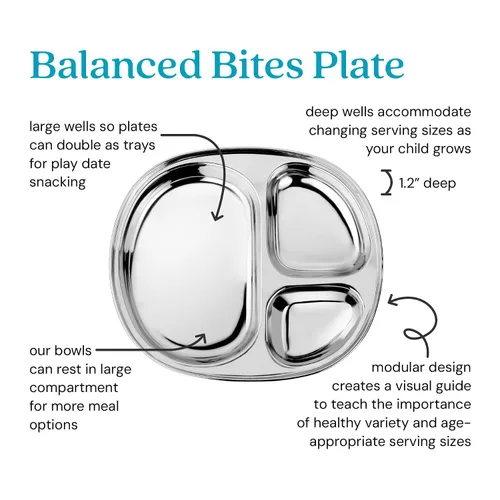 Vista 2 de Ahimsa Plato de Acero Inoxidable para Niños, Platos Divididos para Niños Pequeños y Bebés Diseñados por Pediatras, No Tóxico, Irrompible y Apto