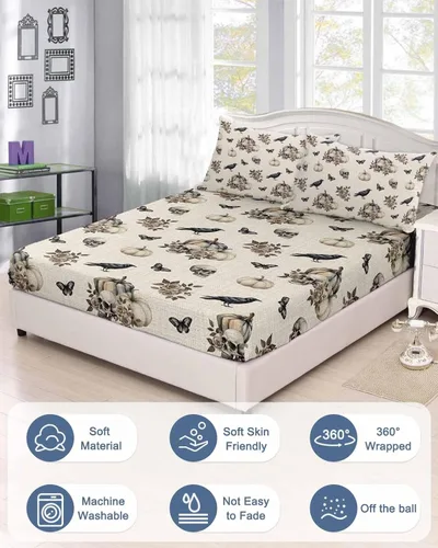 Vista 3 de Sábanas bajeras de bolsillo profundo de hasta 16 pulgadas, funda de colchón suave de Halloween con 1 funda de almohada decorativa para dormitorio