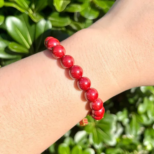 Vista 6 de Pulsera de cinabrio natural con cobre chapado en oro Mahjong Design Charm Lucky Bead Tamaño 0.315 in