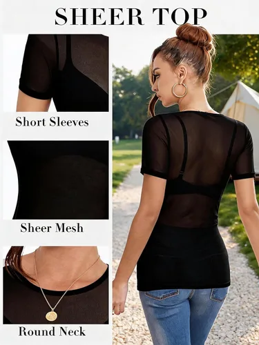 Vista 4 de Blusa de malla de manga corta, sexy, transparente, entallada Negro