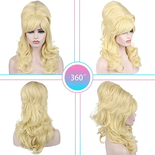 Vista 6 de Kalyss Peluca rubia de colmena para mujer, rizada, ondulada, larga, resistente al calor, pelo sintético para disfraz de cosplay (rubio)