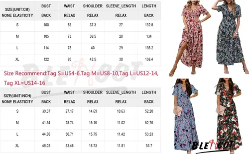 Vista 5 de BLENCOT Vestido largo casual de manga corta para mujer, estilo bohemio, estampado floral, cuello en V, fruncido, cóctel, fiesta, maxi vestidos