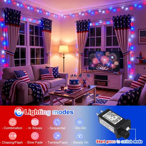 Vista 2 de Tira de luces rojas, blancas y azules, 66 pies, 200 luces LED para el 4 de julio, impermeables, con 8 modos, tira de luces conectables al aire libre