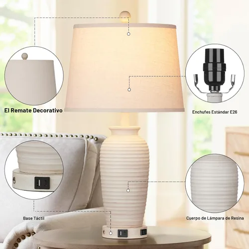 Vista 6 de CINSARY Juego de 2 lámparas de mesa de 24.3" estilo granja, lámparas de mesita de noche rústicas con control táctil de 3 vías con puertos USB A+C