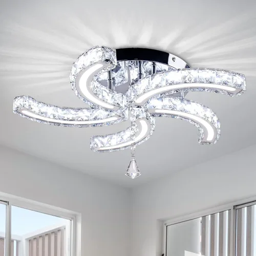 Vista 15 de Lámpara de Araña de Cristal Regulable de 11.8", Luz de Techo de Cristal, Lámparas de Araña Modernas de Montaje al Ras, Lámpara de Techo