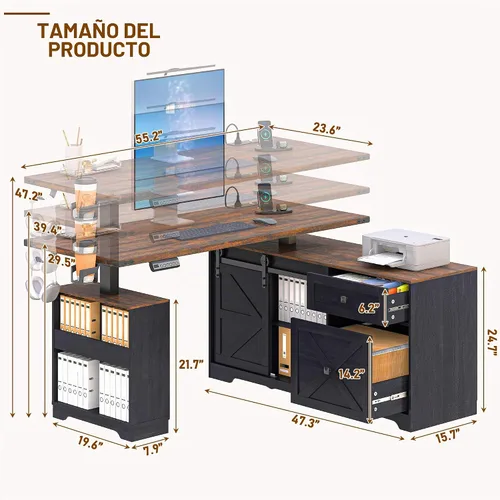 Vista 2 de St.Mandyu Escritorio eléctrico de pie en forma de L, escritorio de computadora ajustable de altura de 55 pulgadas con cajón de archivos, puerta