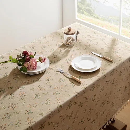 Vista 2 de Softalker Mantel rectangular bohemio de lino y algodón con borlas, mantel resistente con flores, mantel decorativo floral para cocina y comedor