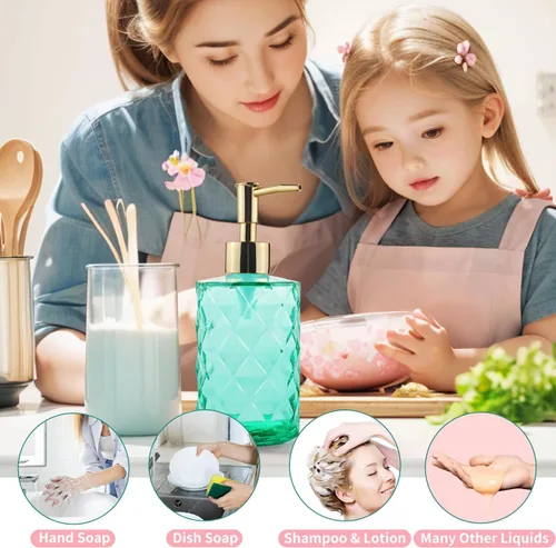 Vista 5 de Dispensador de jabón verde para baño, dispensador de jabón líquido de manos verde esmeralda recargable con bomba de plástico ABS para baño, jabón