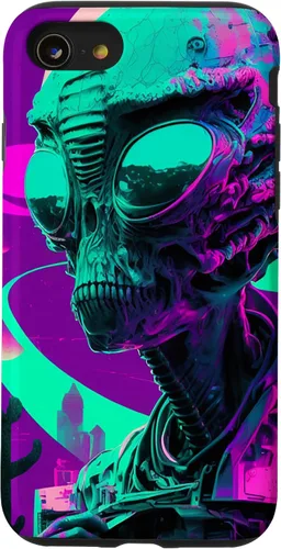 Vista 13 de iPhone 12 Pro Max Cool Retro Alien Sunset Tropical Trippy Vaporwave Sky Art Case