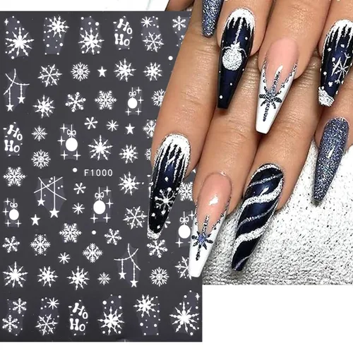 Vista 5 de 10 hojas de calcomanías de uñas de Navidad 3D con copo de nieve - Diseño de purpurina autoadhesiva blanca, decoraciones de invierno para Navidad