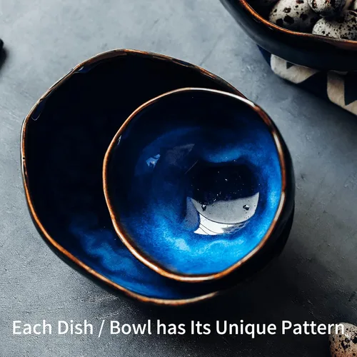 Vista 7 de Cuenco decorativo de cerámica, cuenco para llaves de cerámica azul, decoración versátil de porcelana, pequeño plato para joyería con esmalte azul