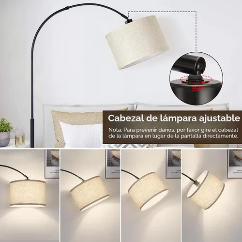 Vista 5 de Lámpara de pie regulable, lámpara de pie de arco con atenuador, lámpara de pie negra con pantalla colgante ajustable, luz de lectura alta sobre
