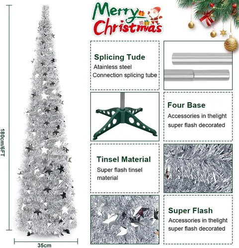 Vista 3 de 6FT Silver Pop up Christmas Tree, Collapsible Christmas Tree Árbol de Navidad de oropel de lentejuelas brillantes, árbol de Navidad artificial fácil