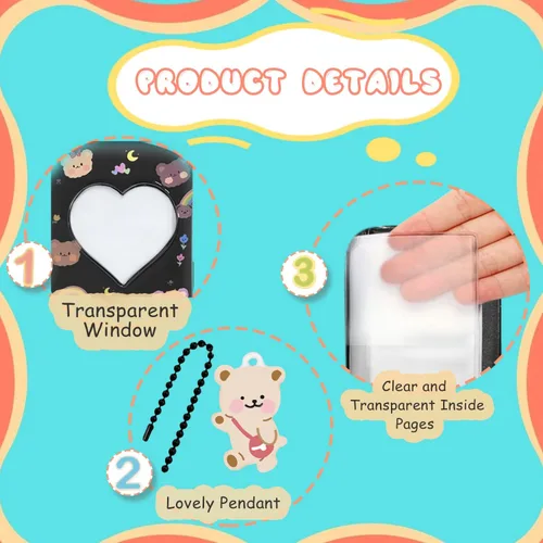 Vista 3 de Kpop - Portatarjetas para tarjetas fotográficas de 3 pulgadas, color negro, mini álbum con bonito colgante, 40 bolsillos, 20 páginas