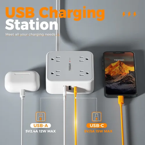 Vista 5 de TESSAN - Tira de alimentación con protector de sobretensiones, cable de extensión plano de 5 pies con 8 salidas de CA, 3 puertos USB (1 USB C), Gris