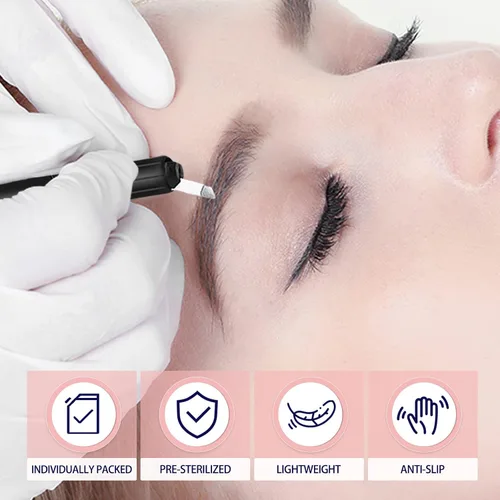 Vista 5 de 10 Uds Microblading Asas Desechables Manual Microblading Pen con Nano 18 U en forma de hoja esterilizada Microblade Holder para ceja labio
