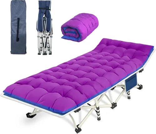 Vista 15 de Catres de campamento, paquete de 2 camas de camping con cómoda colchoneta para dormir con almohadilla, cama plegable resistente, catre de dormir