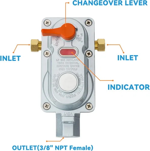 Vista 3 de Skyflame Regulador de propano RV de dos etapas con cambio automático, kit de conexión de tanque de propano dual con 2 piezas de mangueras trenzadas