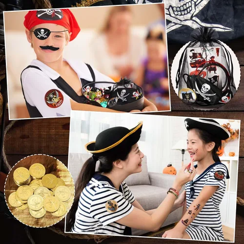 Vista 5 de 144 piezas de suministros de fiesta pirata incluyen pulsera pirata náutica tatuaje botón pin ojo parche oro moneda gema anillo bigote organza bolsa