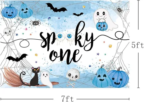 Vista 3 de MEHOFOND Fondo espeluznante de Halloween de 7 x 5 pies, fondo azul acuarela Little Boo Baby Shower para niños, telaraña de murciélago, calabaza