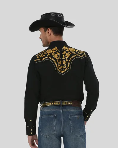 Vista 6 de Camisa vaquera occidental bordada de manga larga casual con botones a presión para hombre